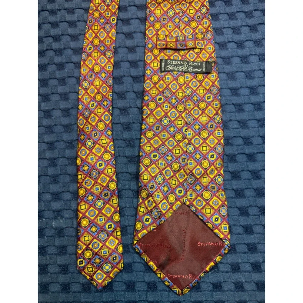 Stefano Ricci Fifth Avenue Tie 100% Italian Silk Gold Red Geometric